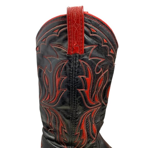Vintage Dan Post Black Leather Red Inlaid Leather Cowgirl Boots - Picture 8 of 12